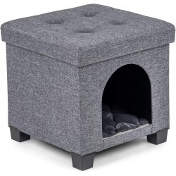 Calin Unique Multifunctional Pet House Ottoman with Tray Table - Folding Footrest Seat - Large Cat Cube Condo - Cat Bed for Indoor Pets with Fully Washable Mat