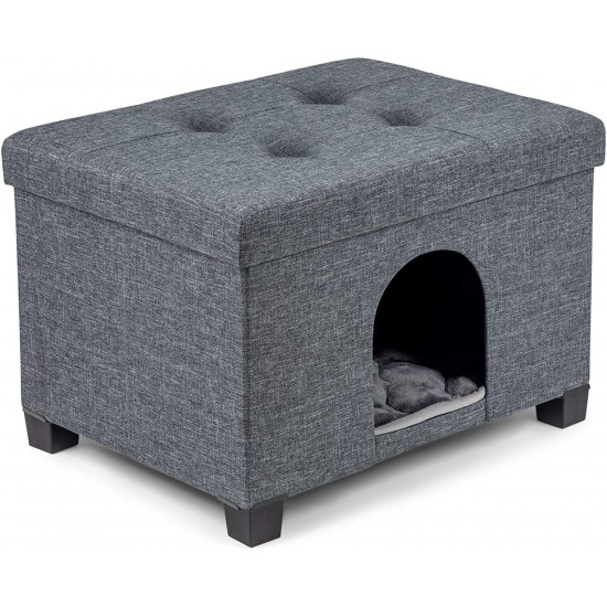 Calin Unique Multifunctional Pet House Ottoman with Tray Table - Folding Footrest Seat - Large Cat Cube Condo - Cat Bed for Indoor Pets with Fully Washable Mat